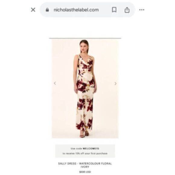 NWT NICHOLAS Sally Watercolor Floral Ivory Cowl Neck Side Slit Maxi Dress - Picture 4 of 17